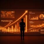 Líder femenina frente a datos digitales representando el crecimiento y funding de la startup de salud digital Pomelo Care.