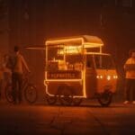 Carrito de comida eléctrico PopWheels impulsando movilidad urbana sostenible con baterías eléctricas en un entorno innovador para startups.