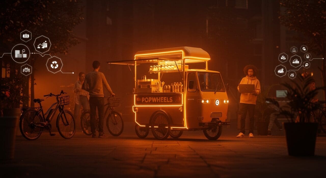 Carrito de comida eléctrico PopWheels impulsando movilidad urbana sostenible con baterías eléctricas en un entorno innovador para startups.