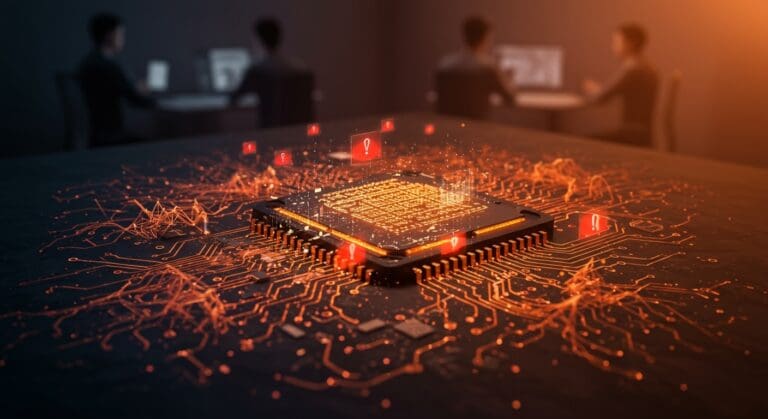 Imagen de CPU moderna con señales de bugs y equipo de startup analizando fallos de hardware y software, ilustrando tendencias y desafíos tecnológicos en procesadores.