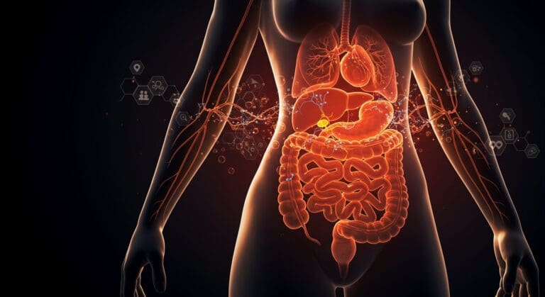 Representación artística del dolor visceral en mujeres activado por estrógeno con elementos de innovación healthtech y biotecnología en salud femenina.