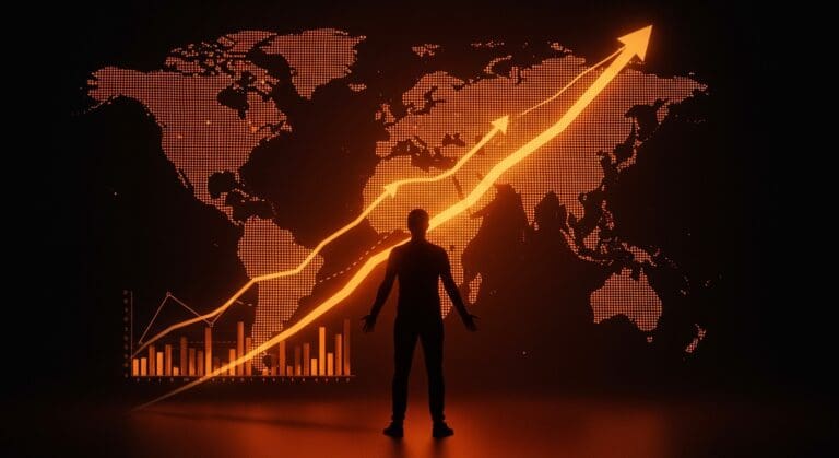 Preply alcanza estatus de unicornio con ronda de funding récord, ilustrado con fundador y mapa global en tonos naranja y negro.