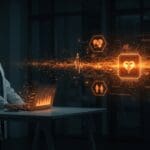 Liderazgo en IA aplicada en healthcare representado por una experta frente a datos holográficos en un entorno tecnológico moderno.