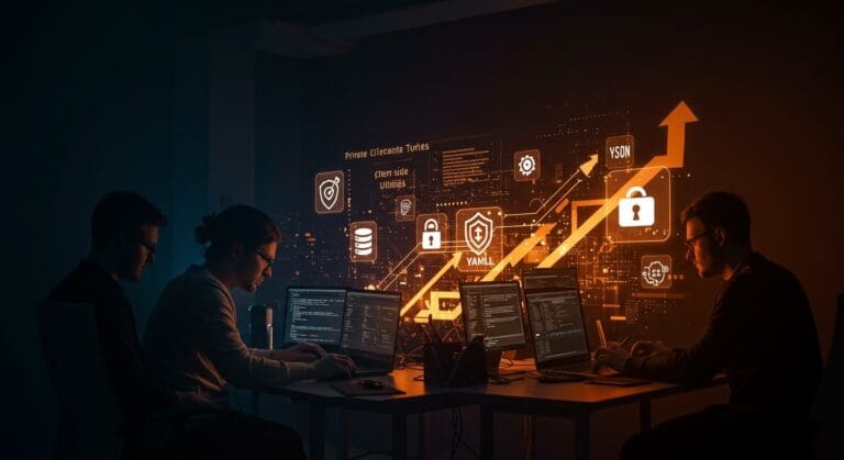 Herramientas de desarrollo web privadas y gratuitas en un entorno colaborativo con metáforas visuales de automatización y seguridad de datos.