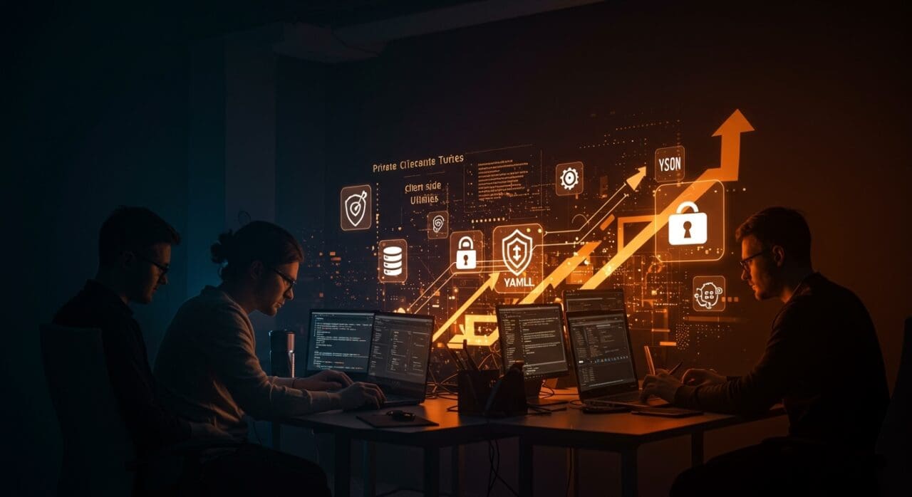 Herramientas de desarrollo web privadas y gratuitas en un entorno colaborativo con metáforas visuales de automatización y seguridad de datos.