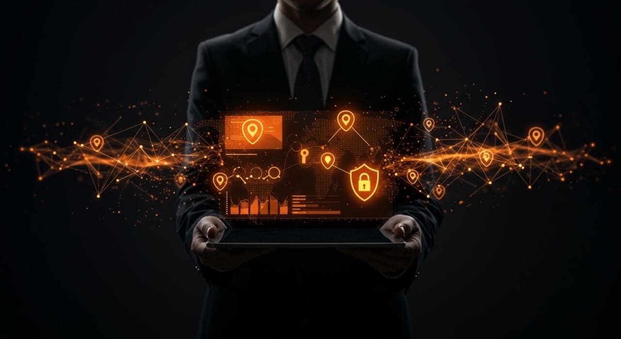 Ilustración digital que representa la privacidad y el rastreo web en portales gubernamentales con iconos de seguridad y redes de datos en tonos naranja y negro.