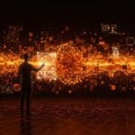 Tecnología de IA generativa creando mundos virtuales interactivos en un entorno inmersivo y futurista.