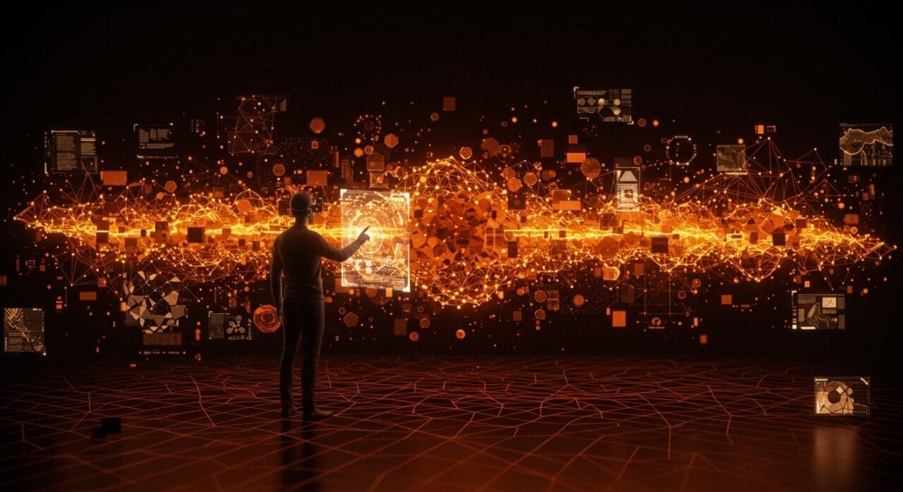 Tecnología de IA generativa creando mundos virtuales interactivos en un entorno inmersivo y futurista.