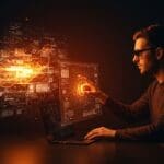 Desarrollador interactuando con un mundo digital en tiempo real impulsado por inteligencia artificial de Google DeepMind, destacando innovación en mundos interactivos.