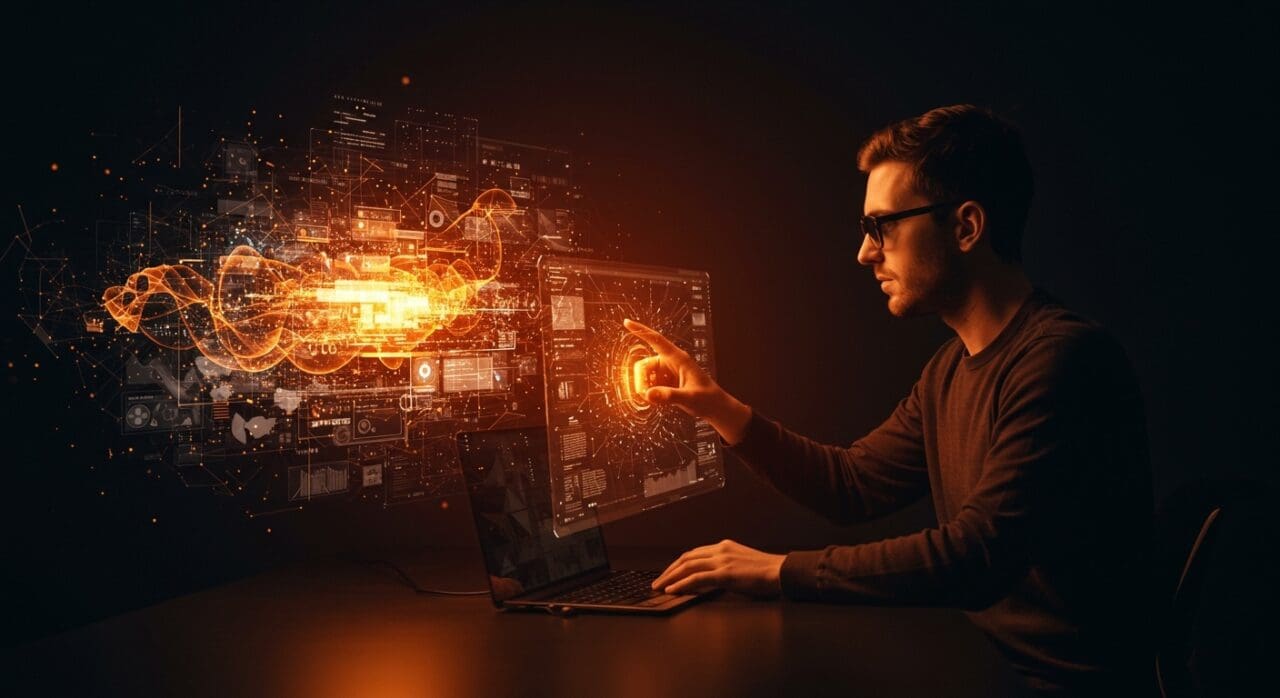 Desarrollador interactuando con un mundo digital en tiempo real impulsado por inteligencia artificial de Google DeepMind, destacando innovación en mundos interactivos.