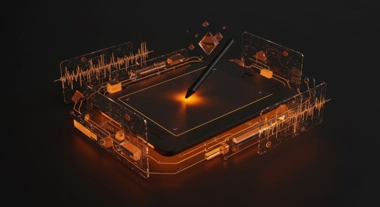 Tablet de dibujo EMR de hardware abierto con diagramas técnicos y ondas electromagnéticas, ilustrando innovación tecnológica en LATAM.