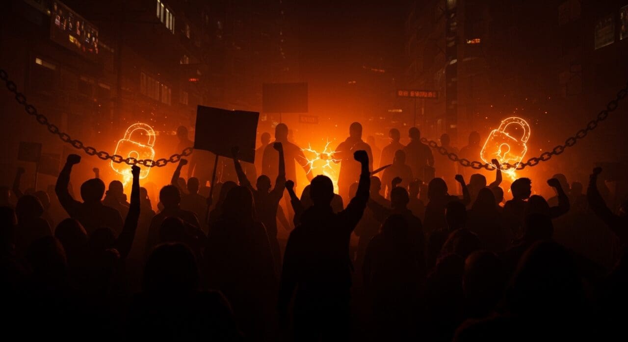Protestas en Irán con enfoque en represión, censura y apoyo de la comunidad internacional ilustrado con simbología de estudiantes y solidaridad.