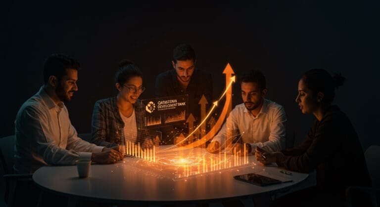 Startup founders colaborando con financiamiento e inversión en el ecosistema empresarial de Qatar apoyado por Qatar Development Bank.