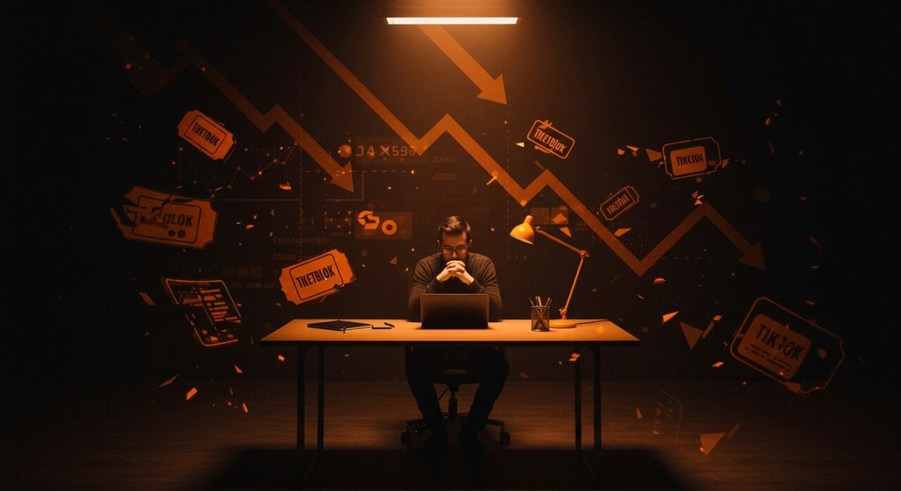 Quiebra de la startup Tiketblok en Barcelona representada por fundador pensativo con símbolos digitales caídos en el ecosistema startup hispano.