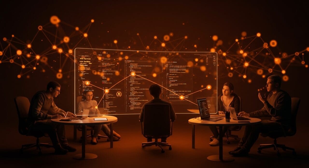 Colaboración descentralizada en código abierto con Git mostrando comunidad y autonomía en desarrollo de software.