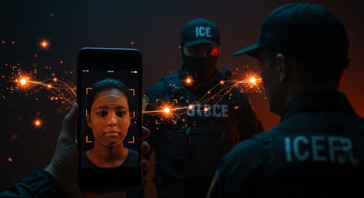 Reconocimiento facial móvil acelerando arrestos de ICE con tecnología biométrica y seguridad en inmigración.