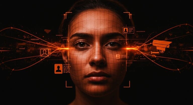 Impacto del reconocimiento facial en privacidad y derechos civiles con símbolos biométricos y vigilancia digital.