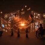 Founders colaborando remotamente con pantallas holográficas que muestran recursos para trabajo remoto y empleo tech en startups.