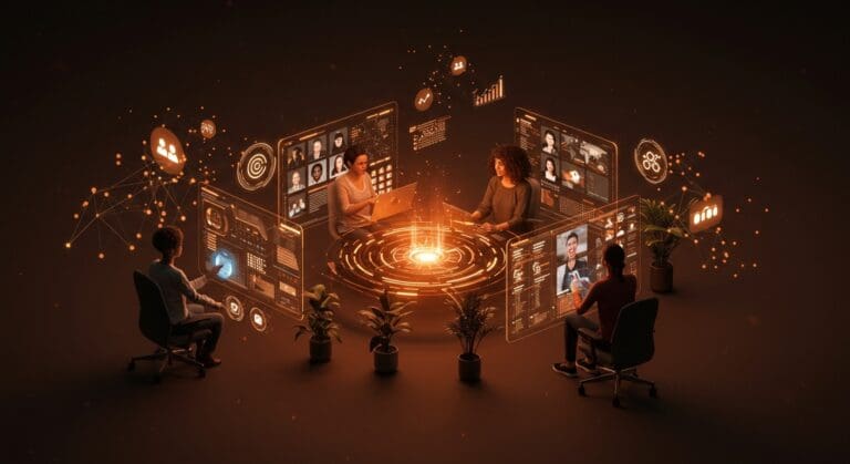 Founders colaborando remotamente con pantallas holográficas que muestran recursos para trabajo remoto y empleo tech en startups.