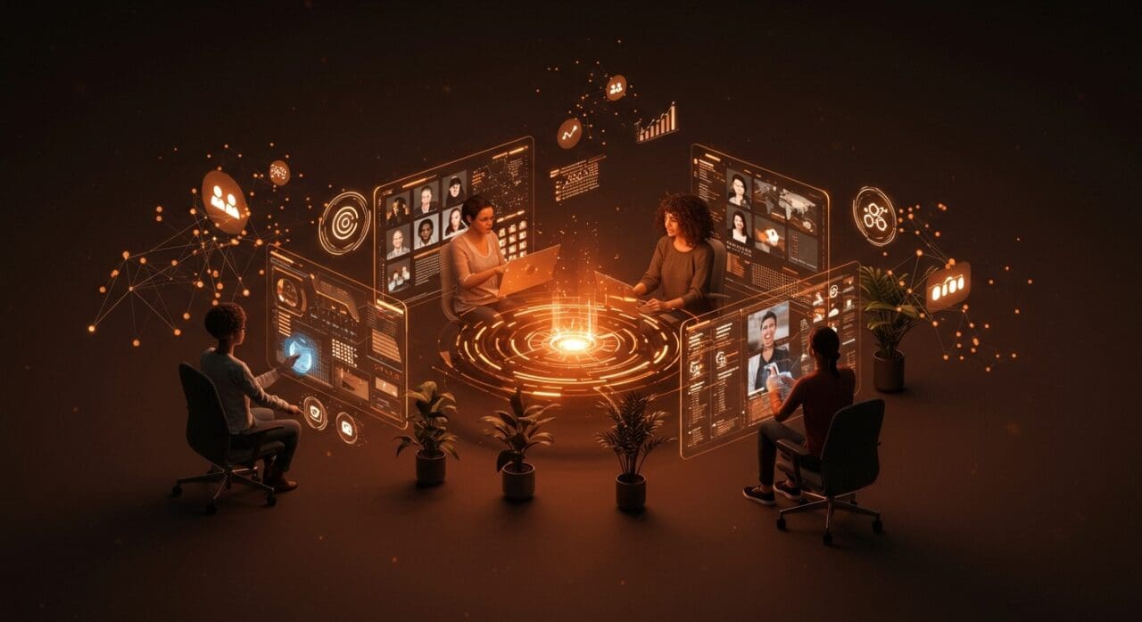 Founders colaborando remotamente con pantallas holográficas que muestran recursos para trabajo remoto y empleo tech en startups.