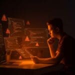 Junior developer revisando código con señales de alerta ignoradas que impactan la calidad del software en startups, enfocado en code review y clean architecture.