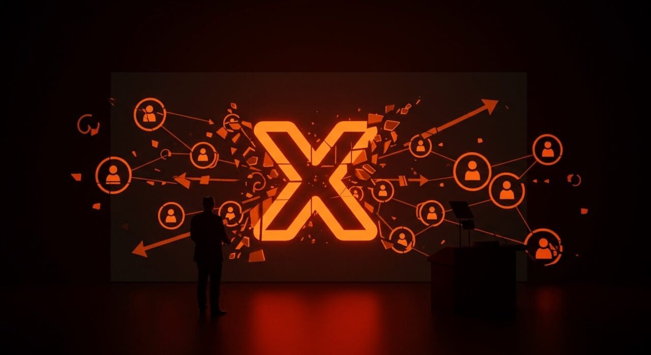 Análisis visual de la campaña #LeaveX y alternativas a Twitter en la política europea con símbolos de redes sociales descentralizadas.