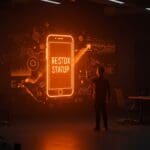 Fundador de startup en Colombia supervisando expansión tecnológica y financiamiento de Refurbi con holograma digital en tonos naranja y negro.