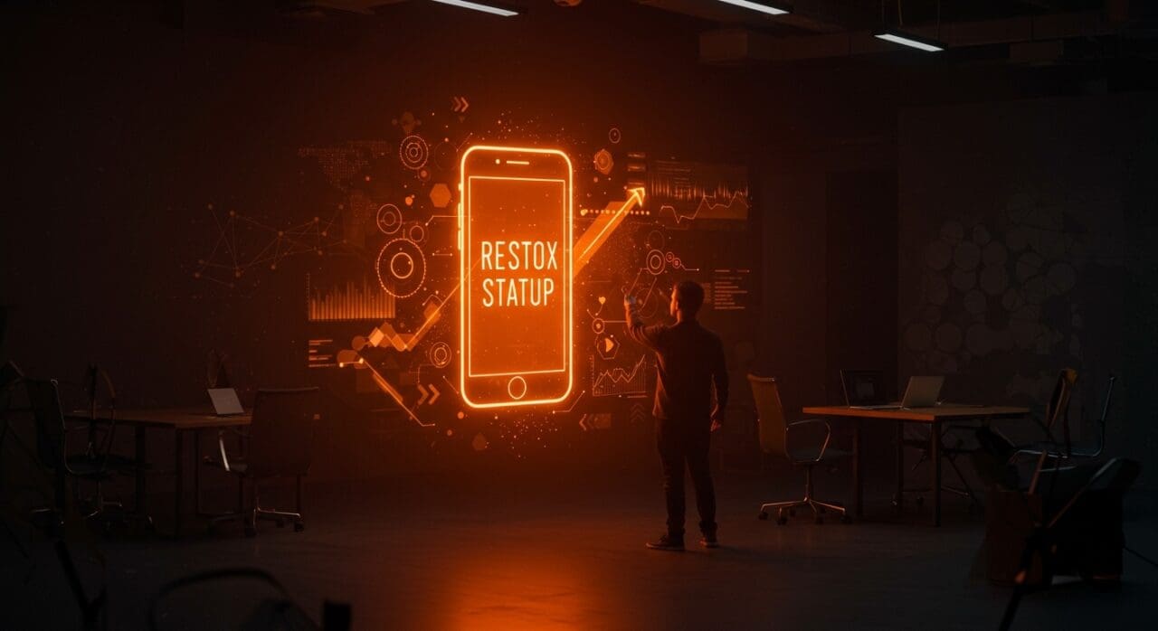 Fundador de startup en Colombia supervisando expansión tecnológica y financiamiento de Refurbi con holograma digital en tonos naranja y negro.