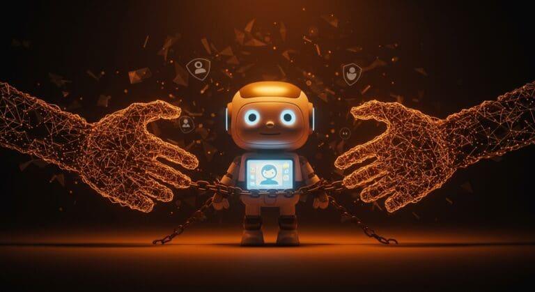 Regulación de inteligencia artificial en juguetes inteligentes con chatbots, simbolizando la protección infantil y la propuesta de prohibición en California.