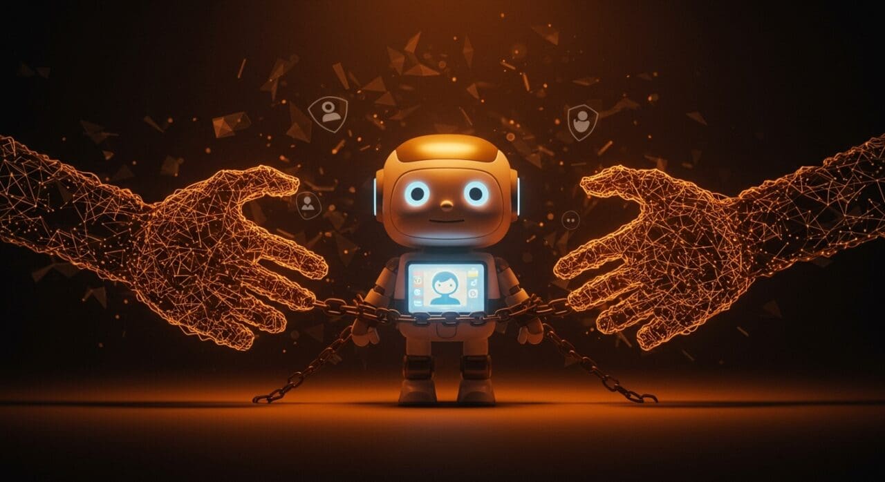 Regulación de inteligencia artificial en juguetes inteligentes con chatbots, simbolizando la protección infantil y la propuesta de prohibición en California.