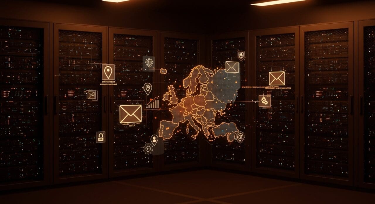 Infraestructura europea de correo electrónico SaaS con control total sobre MTA, escalabilidad en Kubernetes y cumplimiento GDPR, resaltada con paleta naranja y negro.