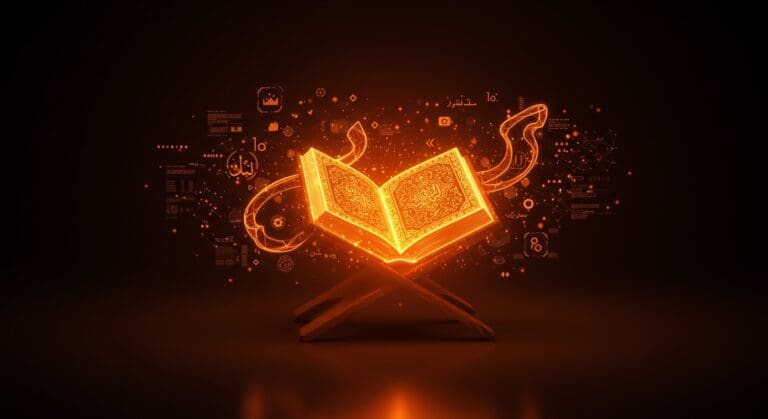Renderizado digital del Corán con tecnología innovadora destacada en estilo editorial, colores naranja y negro de Ecosistema Startup.