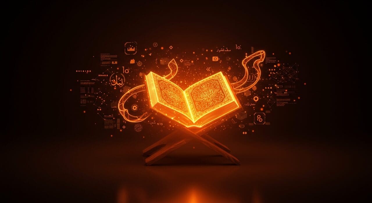 Renderizado digital del Corán con tecnología innovadora destacada en estilo editorial, colores naranja y negro de Ecosistema Startup.