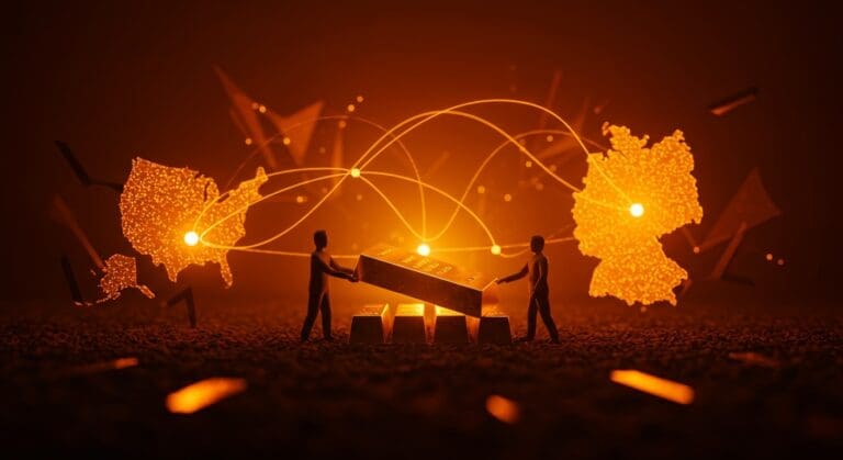 Repatriación de reservas de oro alemán representada con barras doradas y conexiones digitales en tonos naranja y negro, destacando impacto geopolítico y estabilidad financiera.