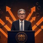 Jerome Powell defendiendo la independencia de la Reserva Federal frente a amenazas políticas, con elementos visuales que representan estabilidad económica y mercados financieros.