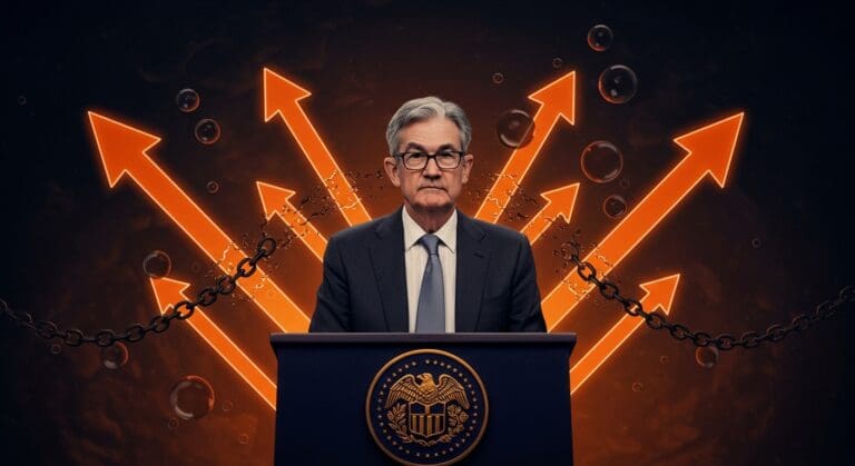 Jerome Powell defendiendo la independencia de la Reserva Federal frente a amenazas políticas, con elementos visuales que representan estabilidad económica y mercados financieros.
