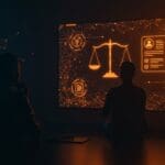 Responsabilidad legal y ética en inteligencia artificial con imágenes de chatbots y balanza legal en tonos naranja y negro, contexto startup.