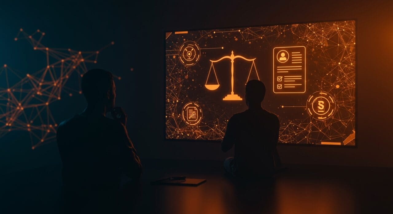 Responsabilidad legal y ética en inteligencia artificial con imágenes de chatbots y balanza legal en tonos naranja y negro, contexto startup.