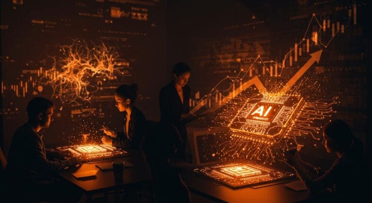 Equipo de startup IA trabajando en chips inteligentes con símbolos de inversión y crecimiento tecnológico en colores naranja y negro.