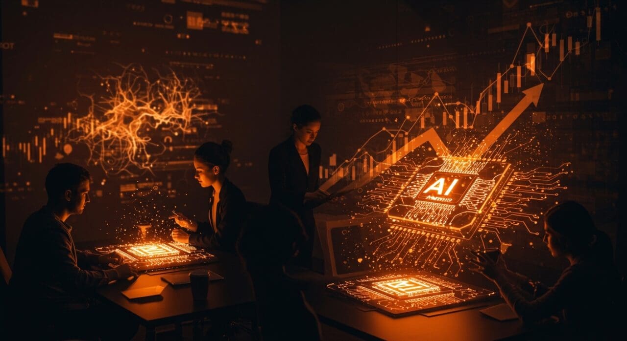 Equipo de startup IA trabajando en chips inteligentes con símbolos de inversión y crecimiento tecnológico en colores naranja y negro.