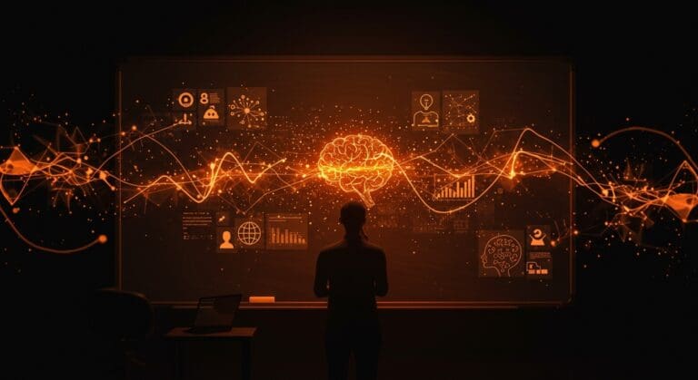 Riesgos de la IA en educación escolar destacados con metáforas visuales de cognición y dependencia tecnológica en tonos naranja y negro.