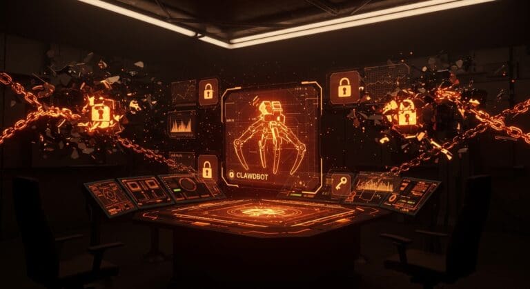 Visualización cinematográfica del riesgo en Model Context Protocol y Clawdbot mostrando vulnerabilidades de autenticación en IA con paleta naranja y negro de Ecosistema Startup.