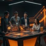 Startup founders y académicos colaborando en un espacio moderno con visualización digital de flujos XRP, representando innovación y capital de riesgo en blockchain.