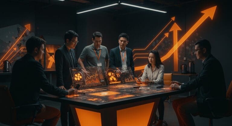 Startup founders y académicos colaborando en un espacio moderno con visualización digital de flujos XRP, representando innovación y capital de riesgo en blockchain.