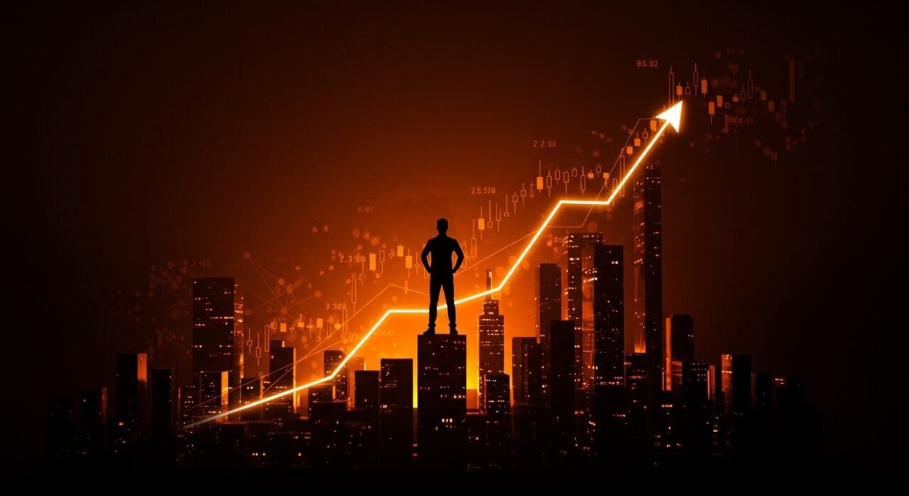 Riqueza del top 1% en EE.UU. representada con gráfico bursátil digital y figura de fundador en colores naranja y negro, destacando impacto en startups LATAM.