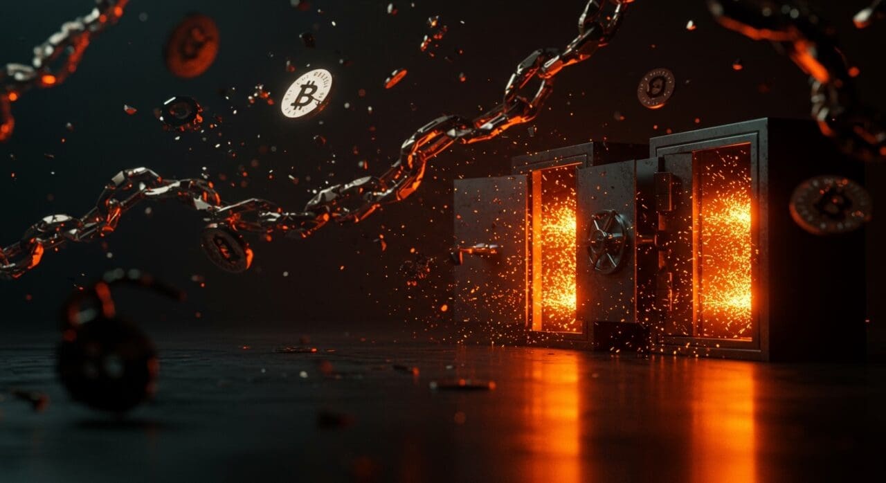 Ilustración de robo de criptomonedas por $90 millones que expone riesgos de seguridad digital y vulnerabilidades en gestión de activos digitales.