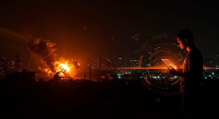 Explosiones y apagón en Caracas afectan el ecosistema startup en Venezuela y LATAM, metáforas visuales de incertidumbre y desafíos tecnológicos.