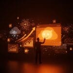 Emprendimiento startup Runpod con crecimiento exponencial en IA cloud impulsado por un post de Reddit, ilustración conceptual en tonos naranja y negro.