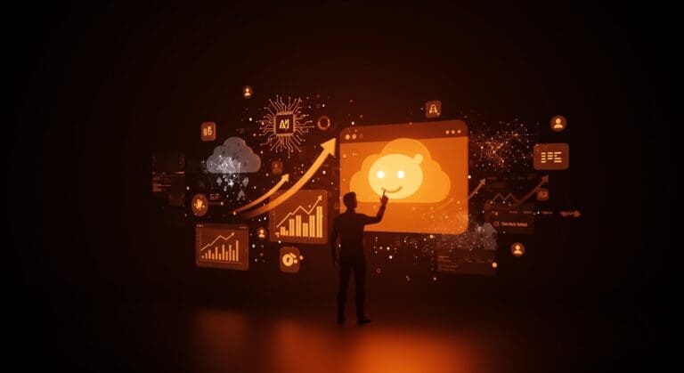 Emprendimiento startup Runpod con crecimiento exponencial en IA cloud impulsado por un post de Reddit, ilustración conceptual en tonos naranja y negro.