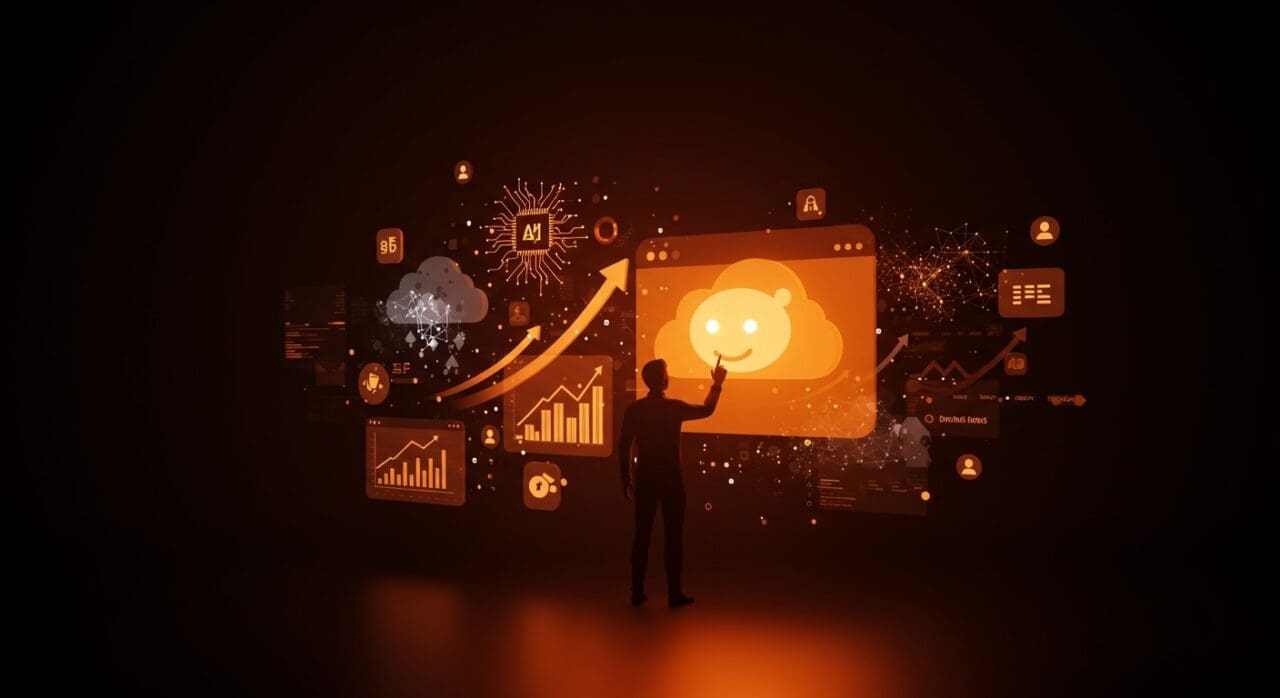 Emprendimiento startup Runpod con crecimiento exponencial en IA cloud impulsado por un post de Reddit, ilustración conceptual en tonos naranja y negro.